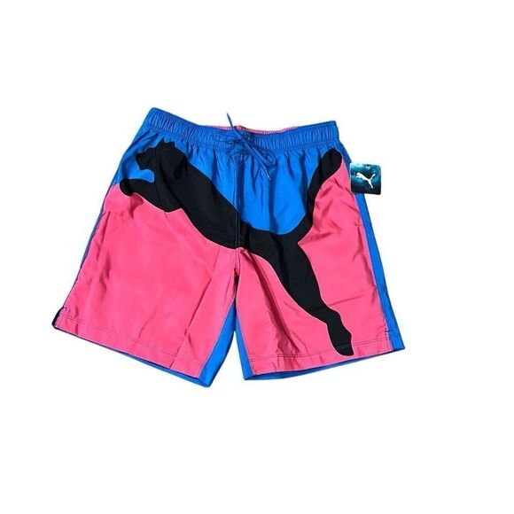 Puma logo swim trunks pink blue 8” inseam L - Picture 1 of 8